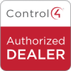 Square icon with authorized dealer text split over white and red backgrounds