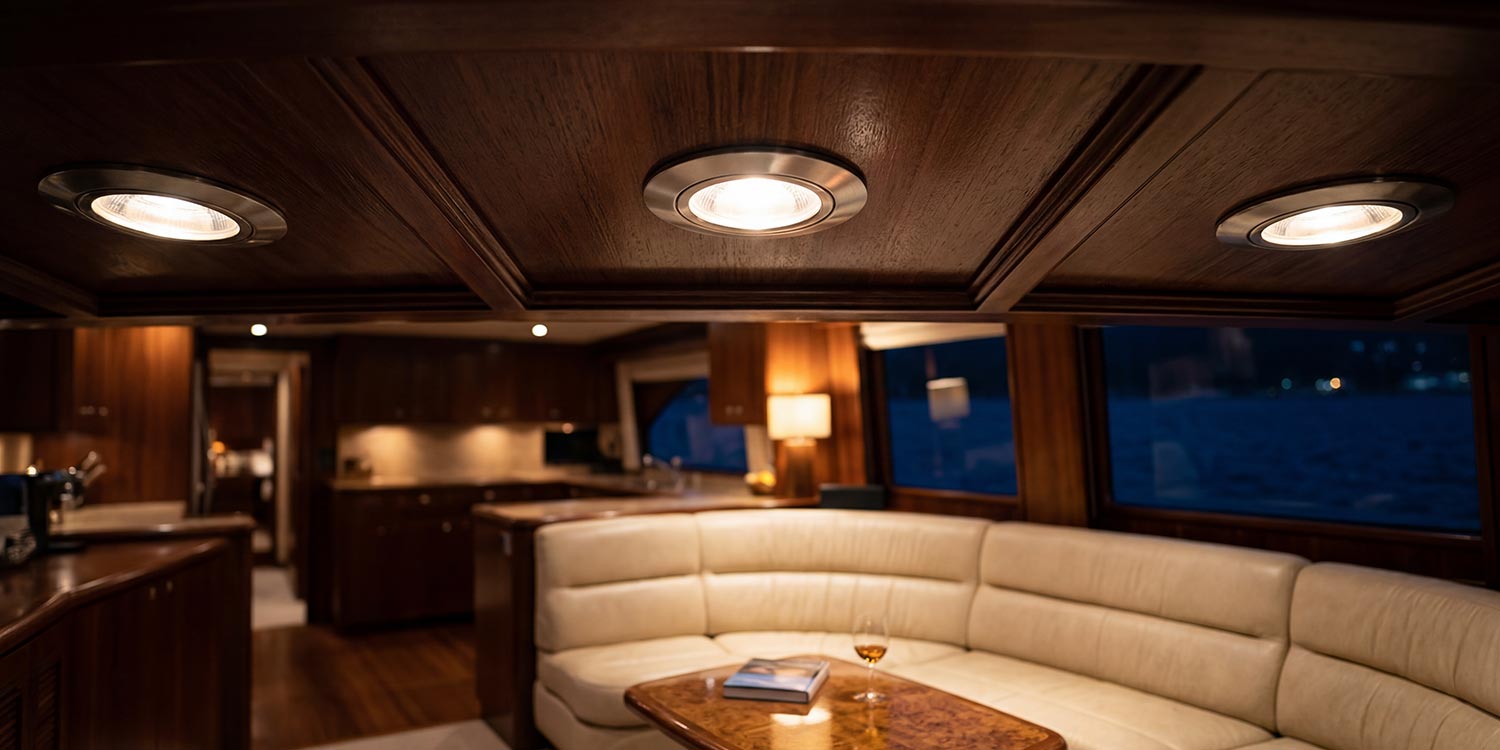 Recessed circular downlights installed in a wood paneled ceiling above a yacht salon