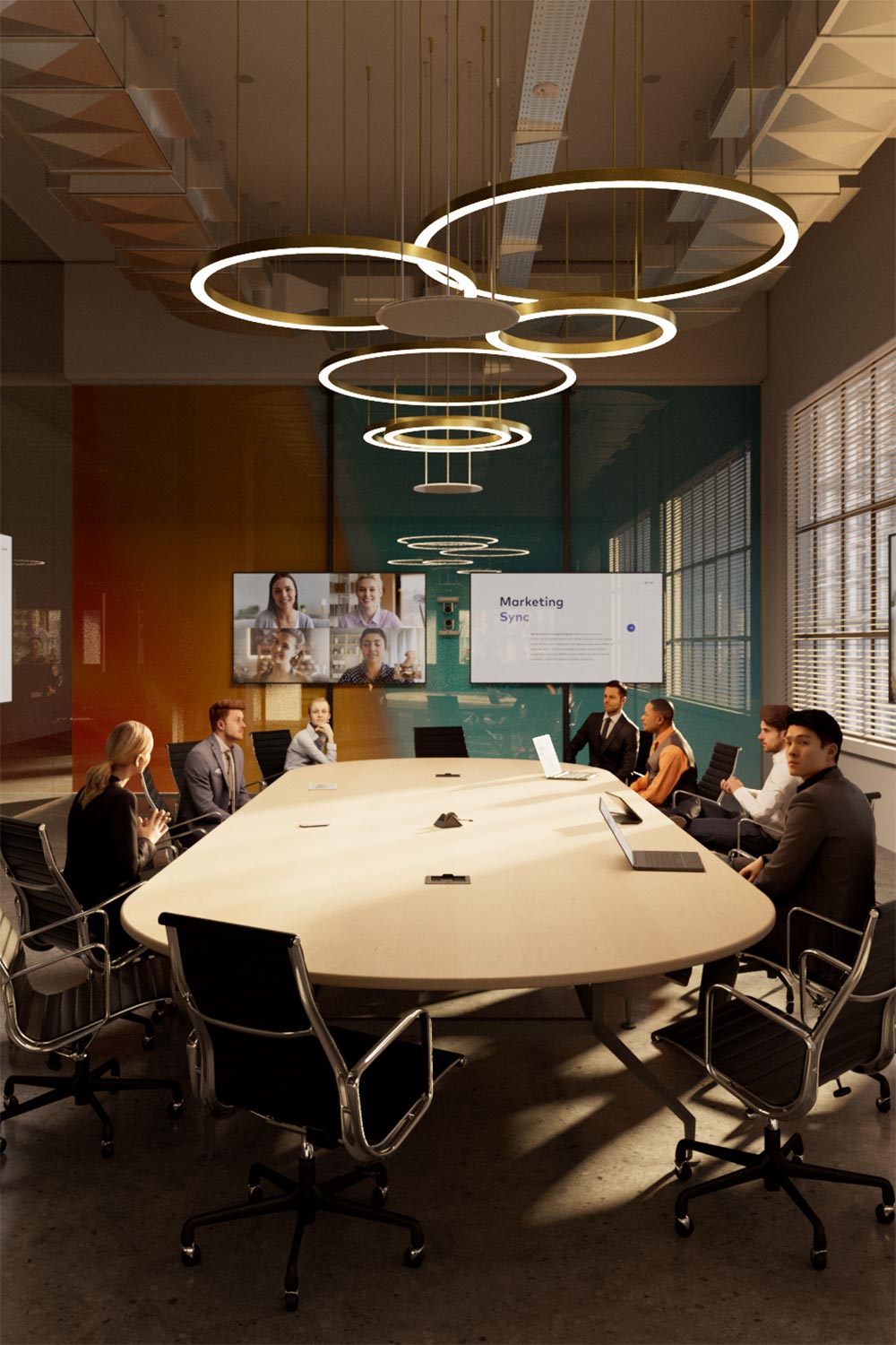 Corporate boardroom meeting with professionals around a large table during a video conference