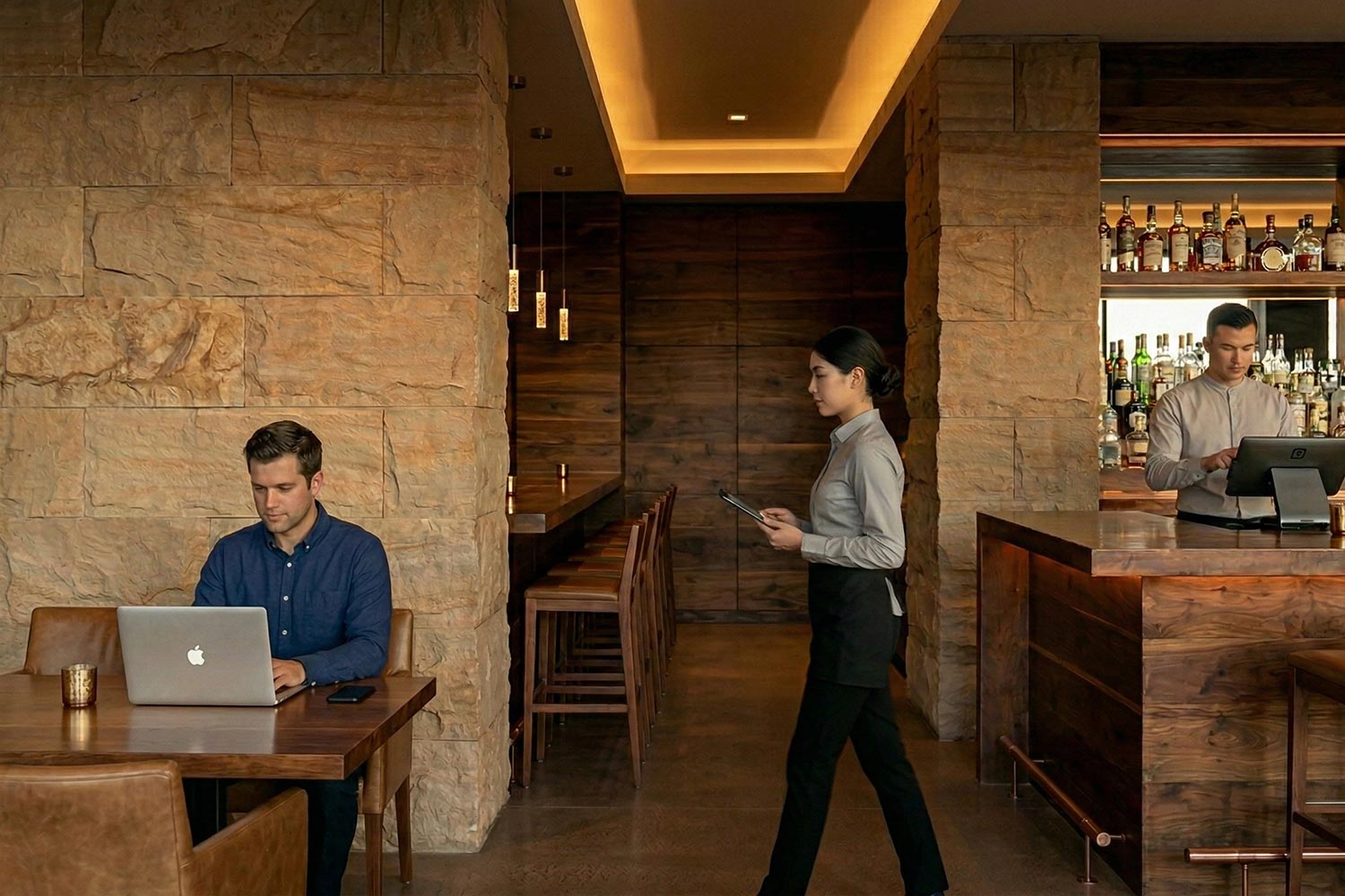 Man working on a laptop at a table inside a modern restaurant bar with staff nearby