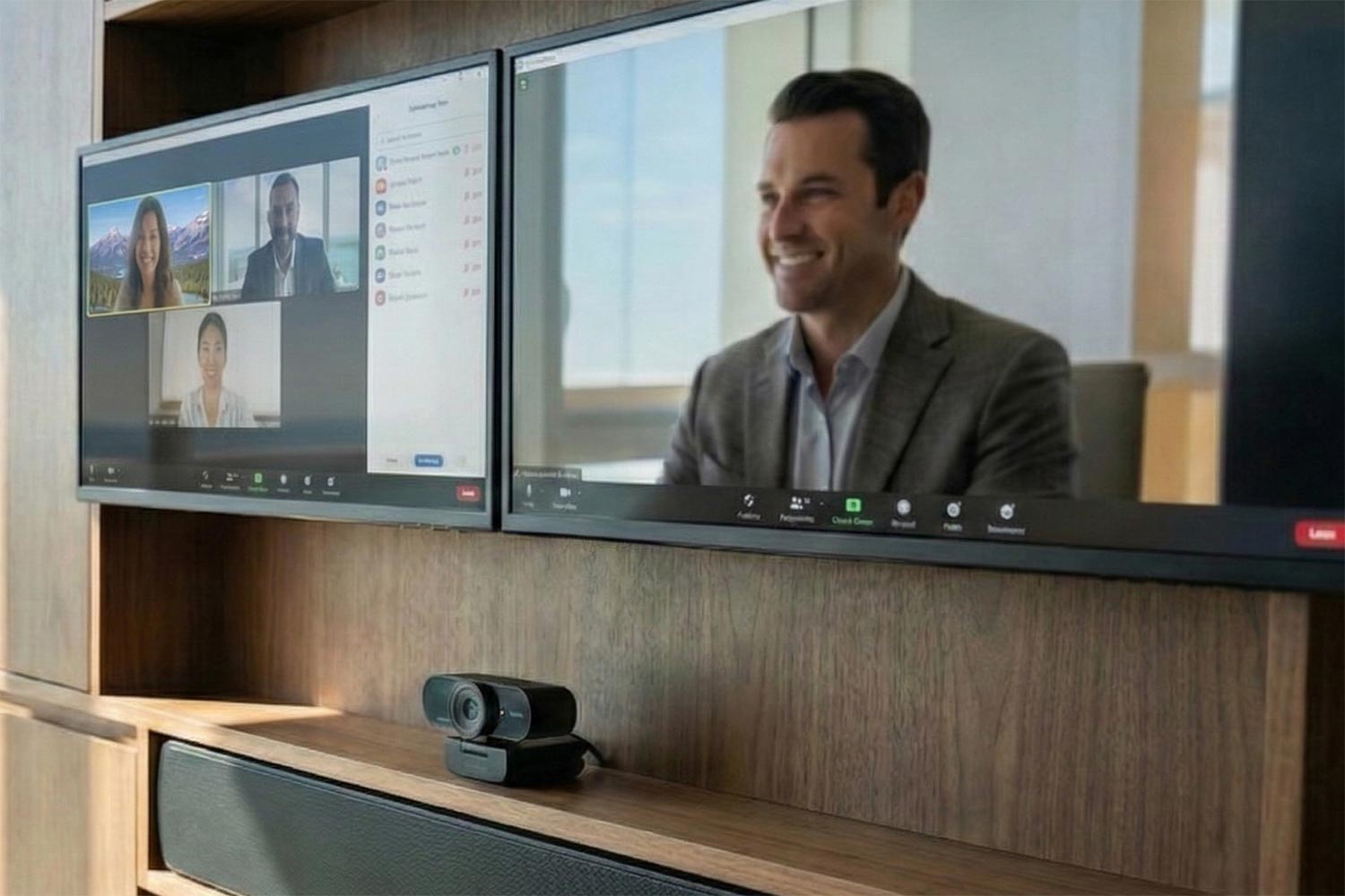Dual-screen video conferencing setup in a wooden office cabinet with a webcam