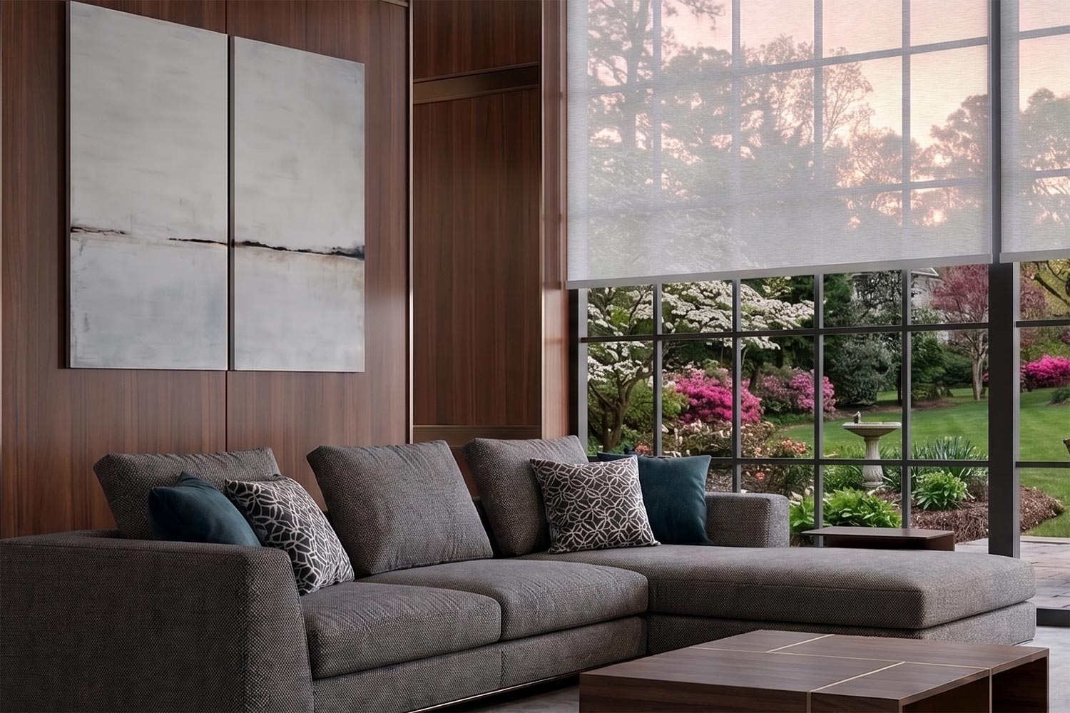 Semi-transparent solar shade rolled down on a luxury living room